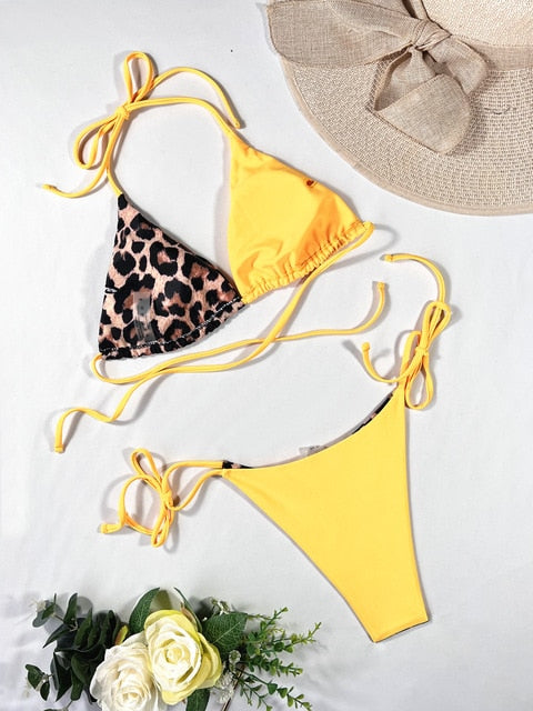 Set bikini sexy da donna con stampa leopardata e top a triangolo – da annodare per spiaggia e piscina
