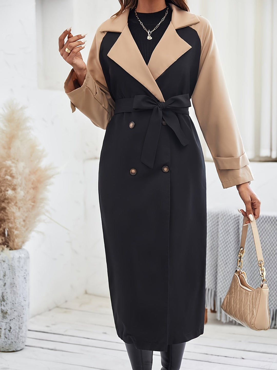 Stilvoller Trenchcoat mit Farbblock, Knopfdetail und maschinenwaschbarem Design für Damen | Ideal für den Alltag