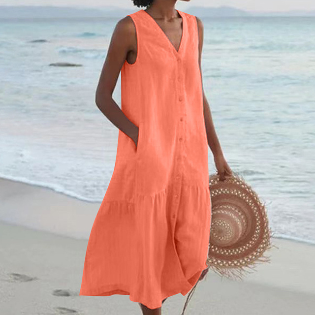 Vestito estivo senza maniche con abbottonatura e tasche – Leggero e arioso