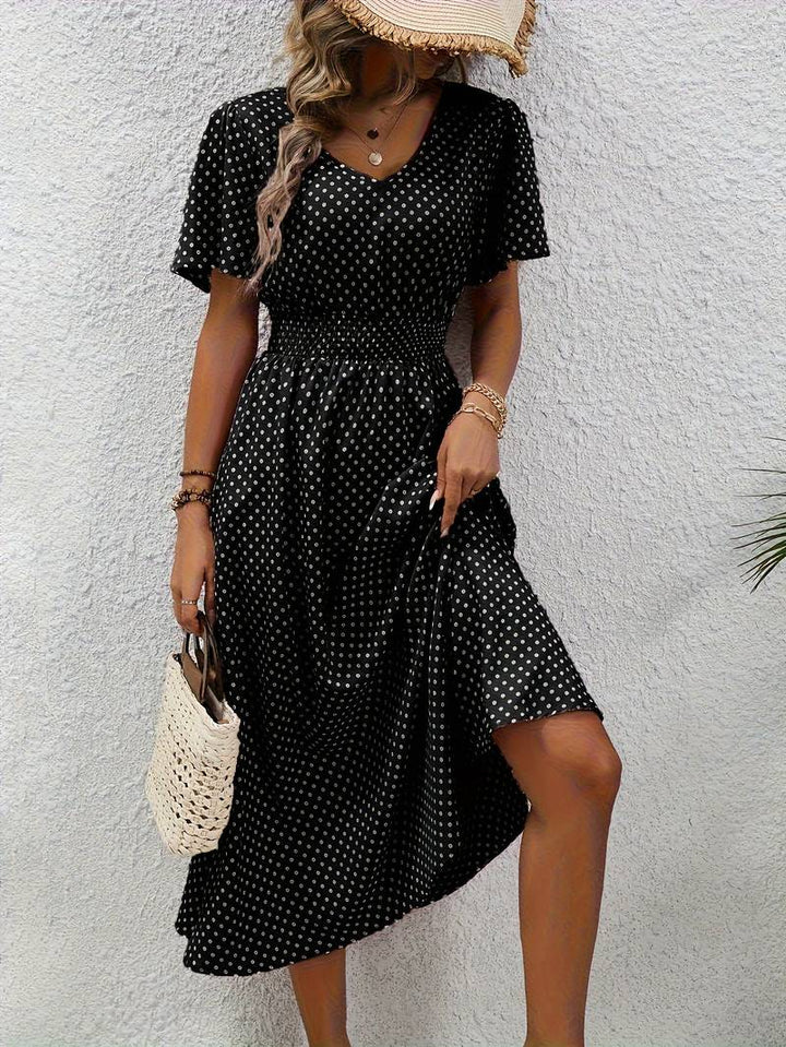 Abito midi da donna con pois e coulisse – Abito estivo arioso con scollo a V e maniche corte