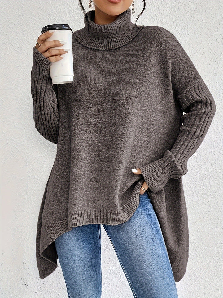 Vintage Baumwoll-Rollkragenpullover mit asymmetrischem Saum und langen Ärmeln Pullover Damen | Perfekt für den Alltag