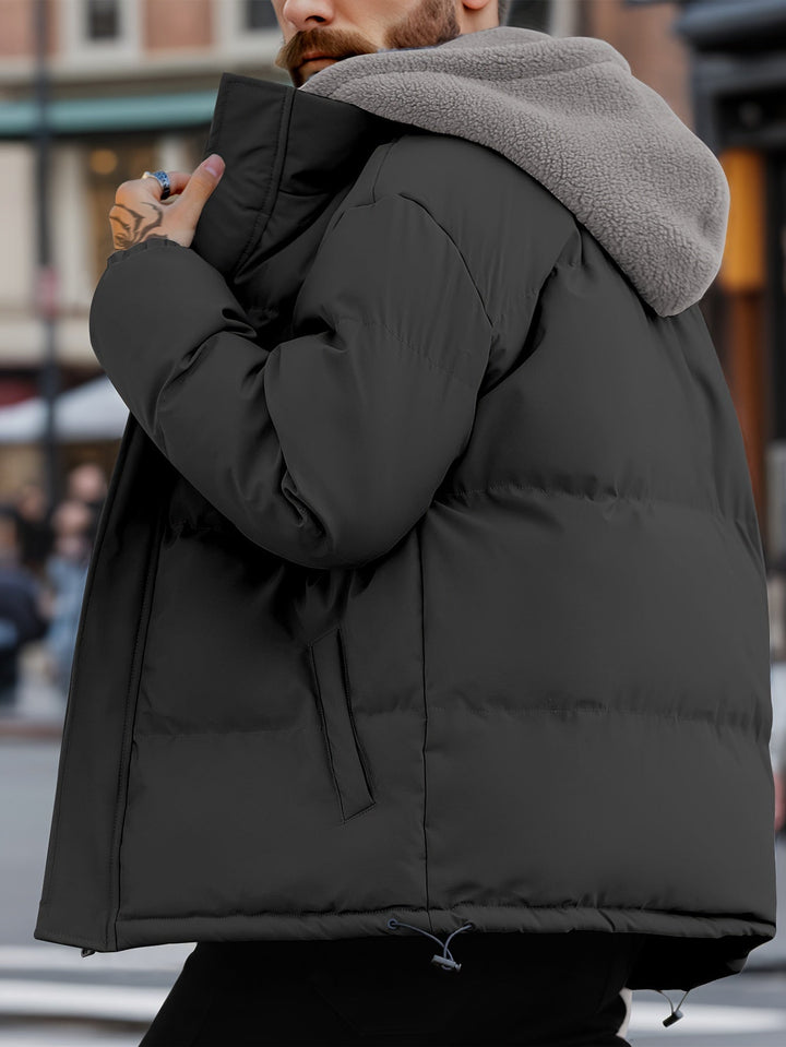 Giacca invernale da uomo con cappuccio spesso caldo, non elasticizzato, con cerniera e falso doppio strato | Perfetta per attività all'aperto