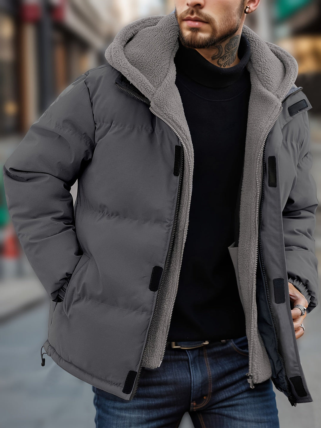Giacca invernale da uomo con cappuccio spesso caldo, non elasticizzato, con cerniera e falso doppio strato | Perfetta per attività all'aperto