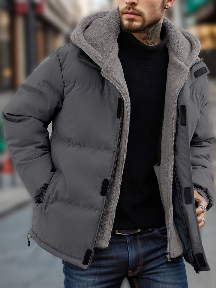 Giacca invernale da uomo con cappuccio spesso caldo, non elasticizzato, con cerniera e falso doppio strato | Perfetta per attività all'aperto