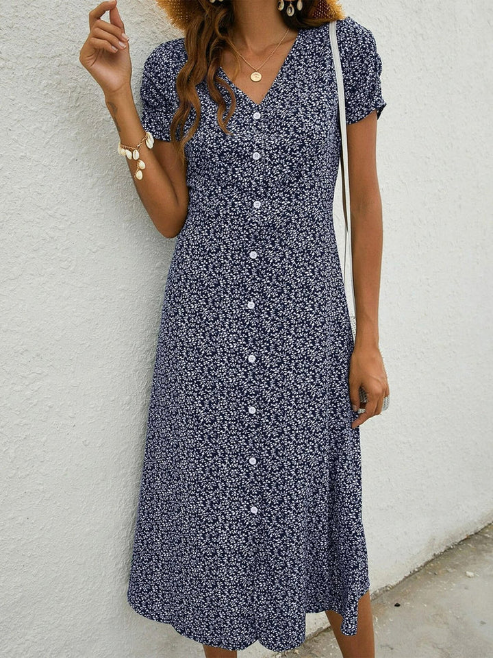 Vestito midi vintage con abbottonatura e motivo floreale – Vestito estivo a maniche corte per donna in stile retrò