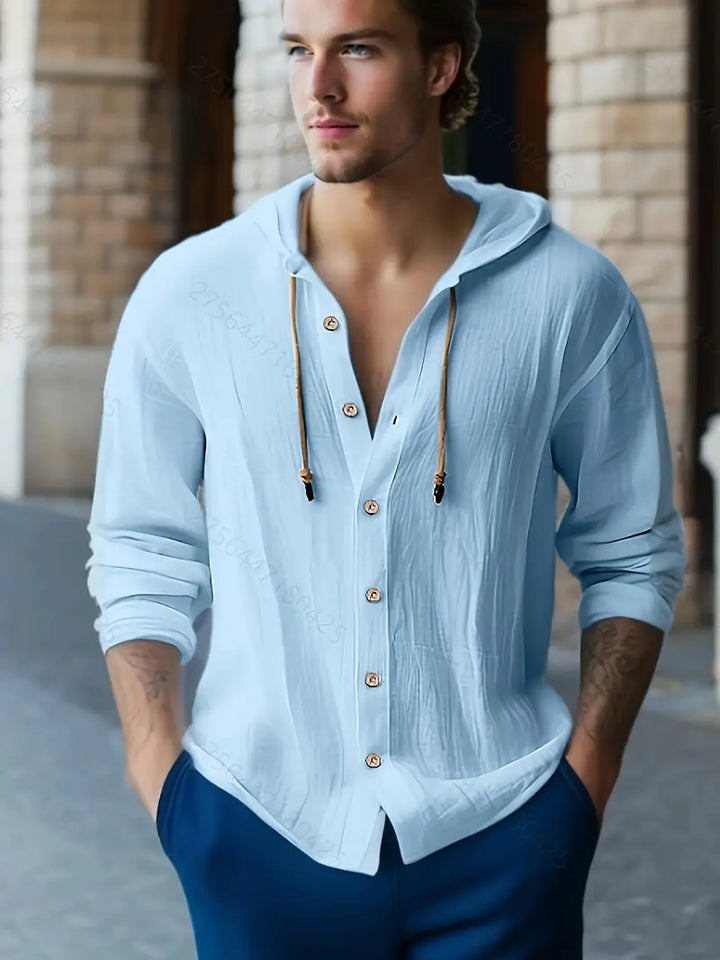 Chemise légère en lin pour homme avec capuche – chemise d'été avec patte de boutonnage et cordon de serrage pour la plage, les vacances et les loisirs