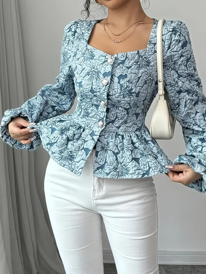 Vintage Damen Bluse mit Blumenmuster – Taillierter Schnitt & Puffärmel