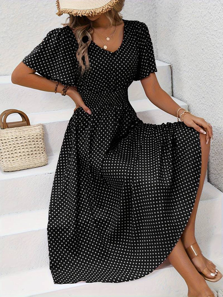 Abito midi da donna con pois e coulisse – Abito estivo arioso con scollo a V e maniche corte