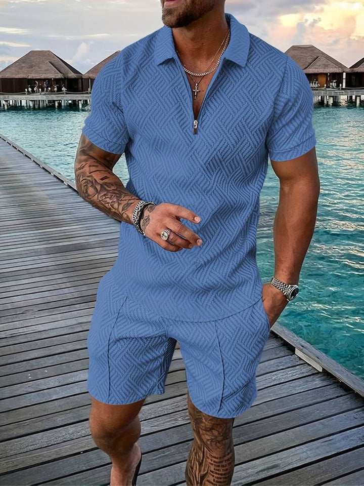 Herren Sommer Set mit Reißverschluss-Poloshirt & Shorts – Zweiteiliges Outfit mit Muster für Urlaub, Freizeit & Strand