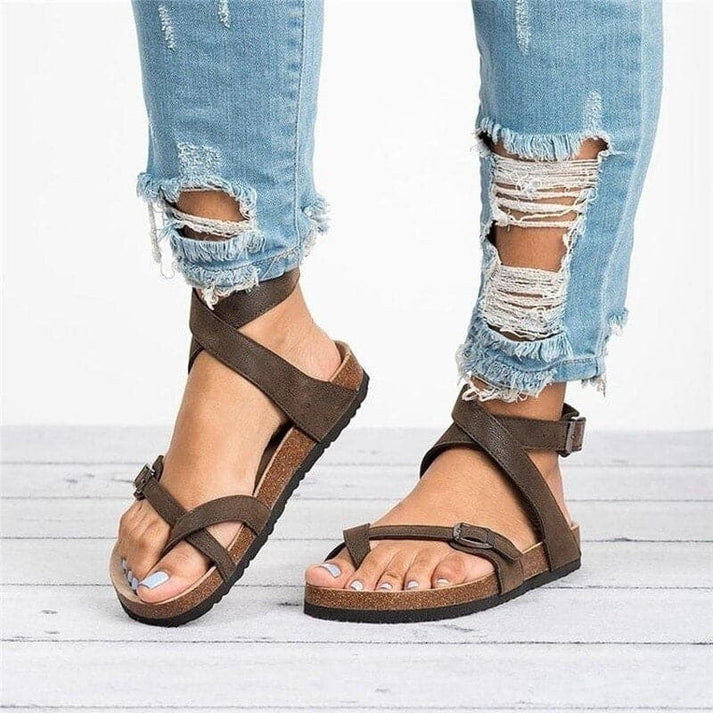 Sandales pour femmes avec brides croisées et boucle réglable – Chaussures d'été confortables avec semelle en liège