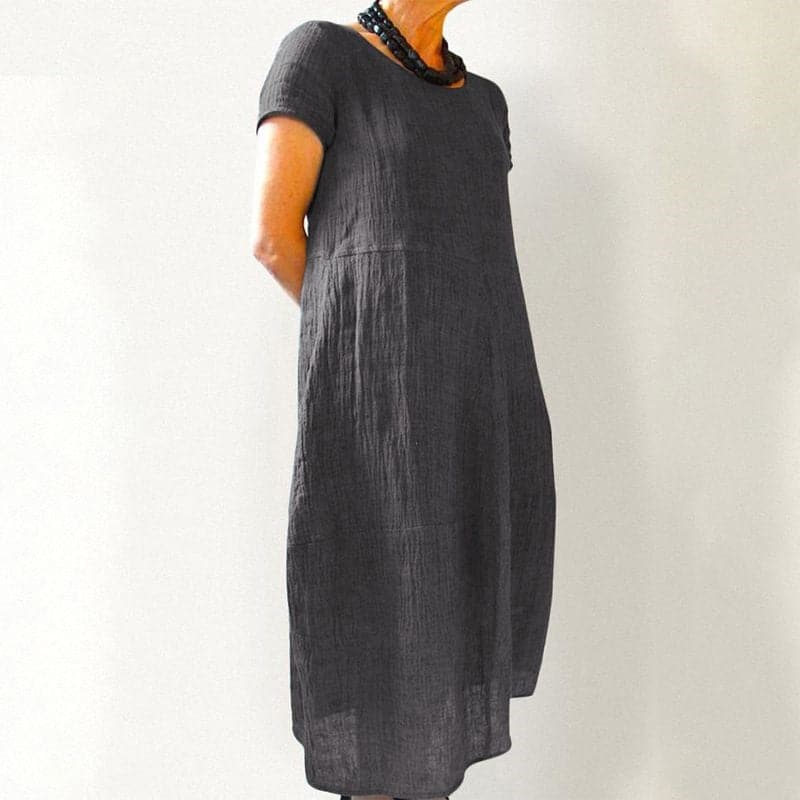 Robe Midi en Lin Enchanting – Col Rond, Manches Courtes Fluides, Silhouette A-Line