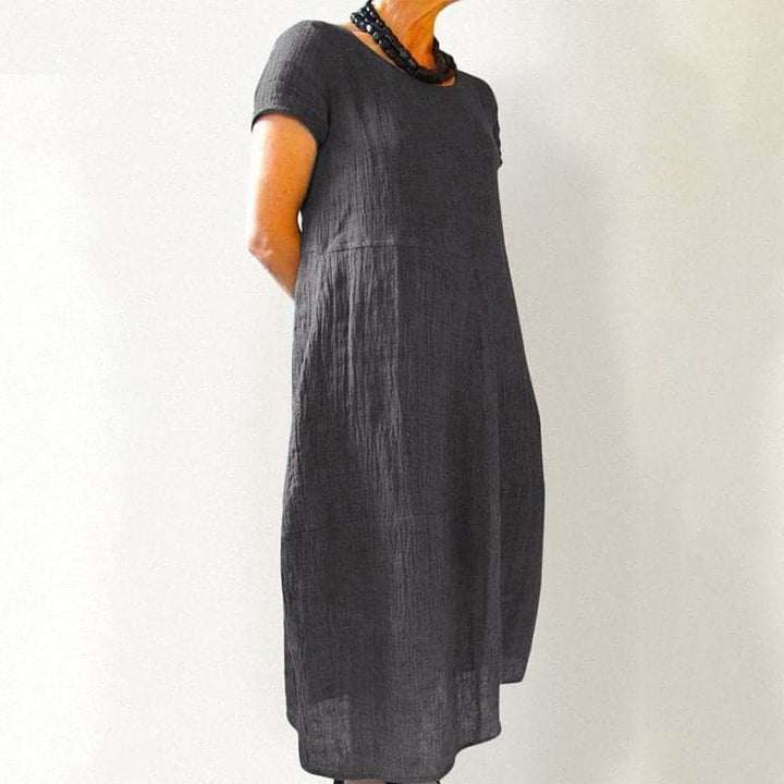 Robe Midi en Lin Enchanting – Col Rond, Manches Courtes Fluides, Silhouette A-Line