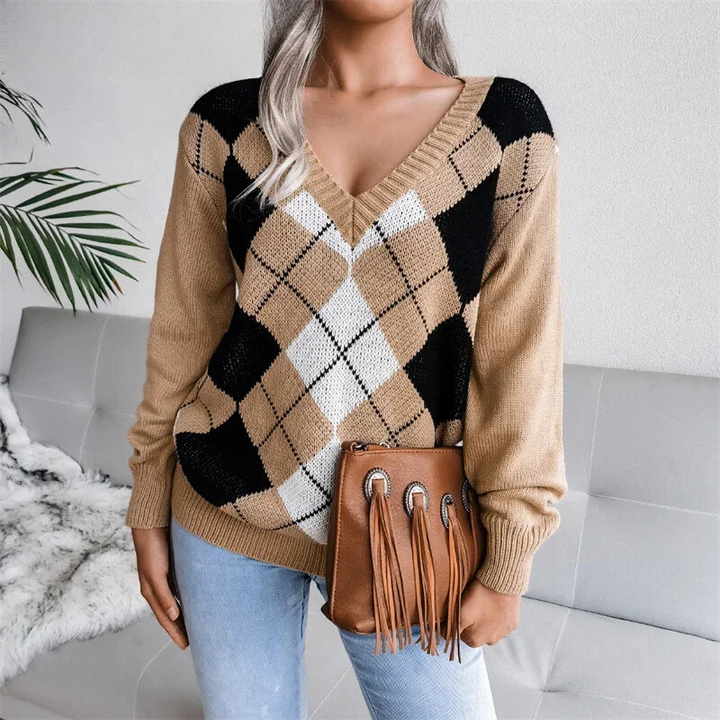 Natalia - pull d'hiver avec col en V et motif à carreaux
