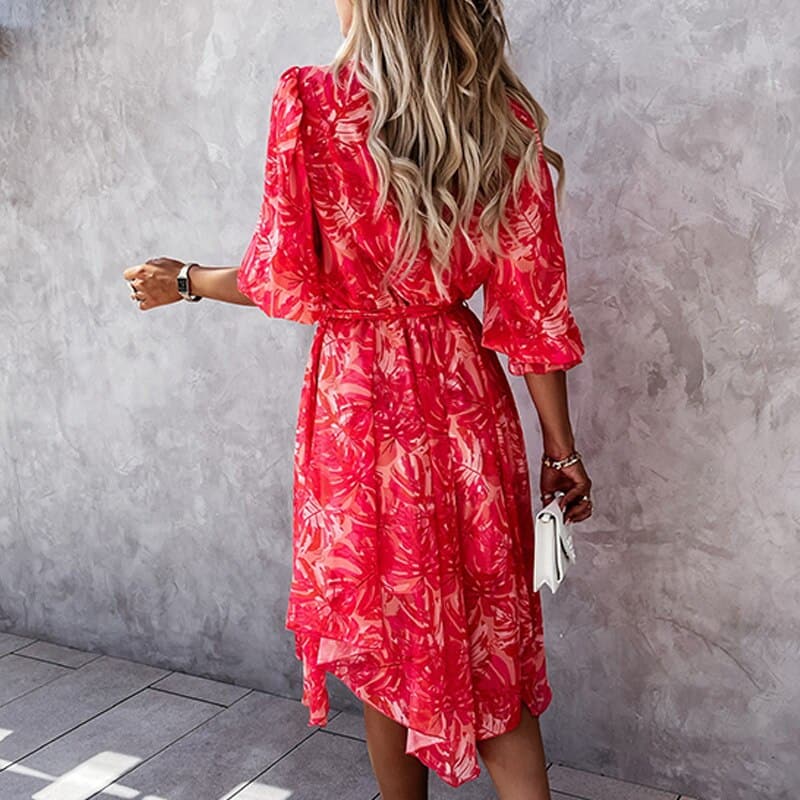 Robe Florale Blossom Breeze – Décolleté en V, Taille Élastique, Manches Flottantes