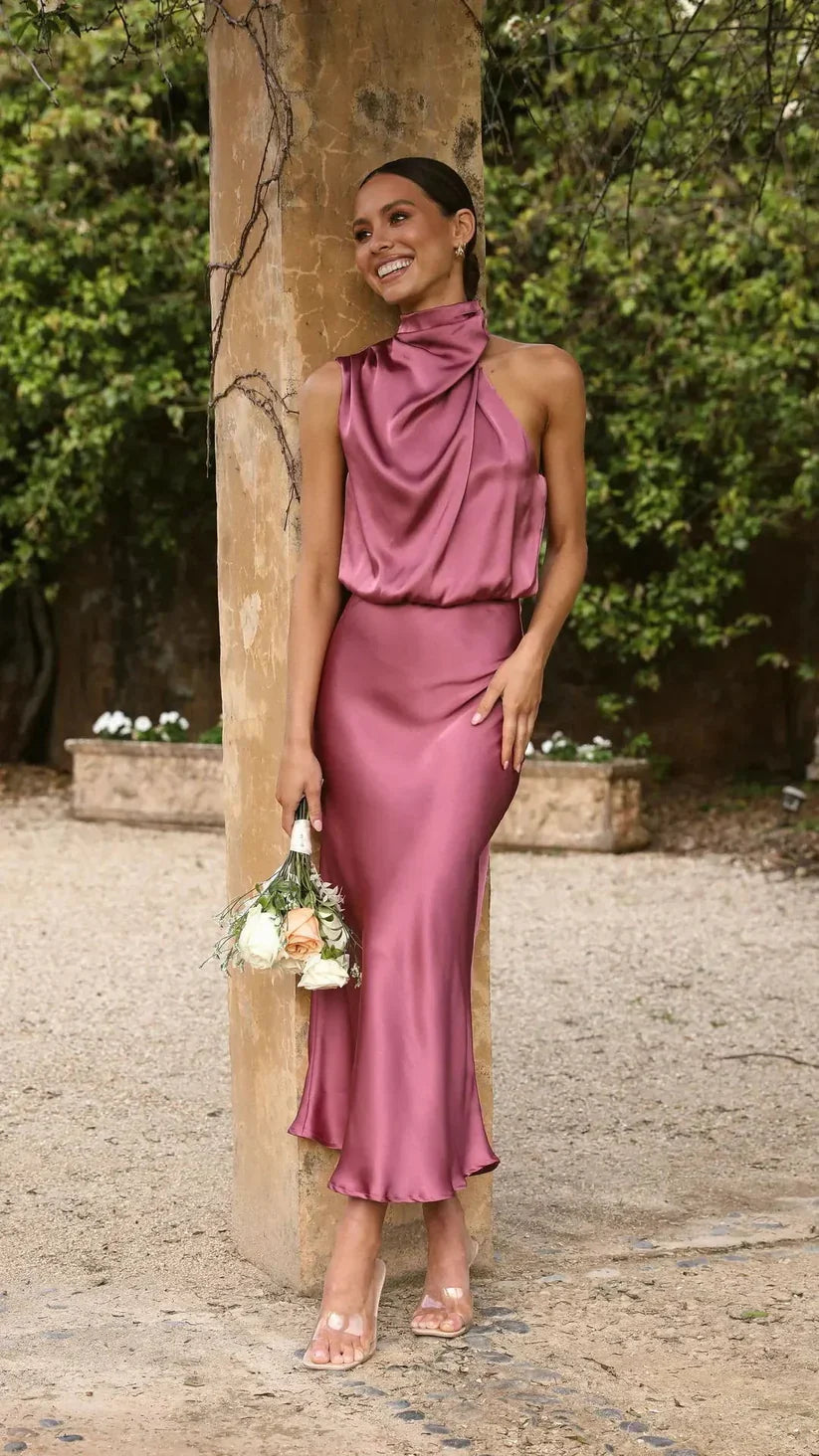 Robe de soirée femme satinée – coupe midi ajustée, design asymétrique sans manches