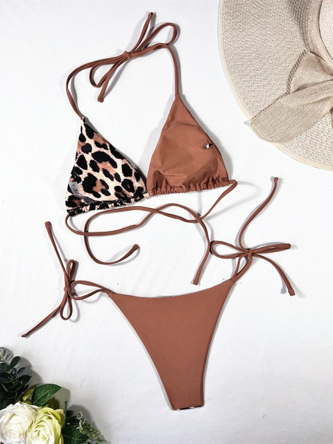 Set bikini sexy da donna con stampa leopardata e top a triangolo – da annodare per spiaggia e piscina