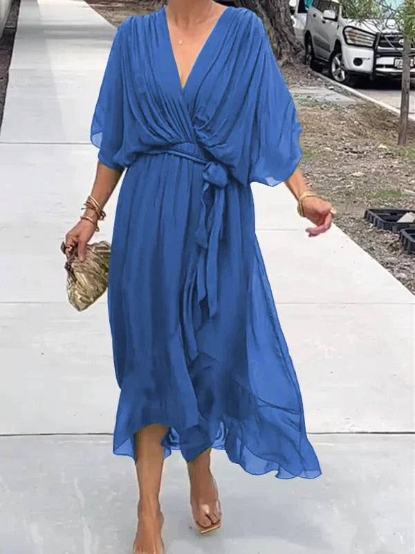 Abito lungo da donna con effetto incrociato – Abito estivo arioso con scollo a V e cintura da annodare – Elegante abito da spiaggia con maniche a pipistrello