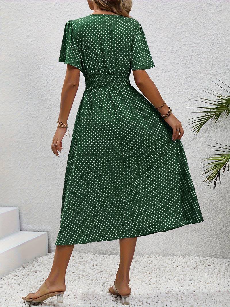 Abito midi da donna con pois e coulisse – Abito estivo arioso con scollo a V e maniche corte