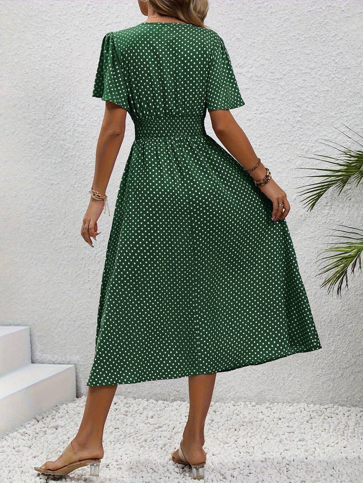 Abito midi da donna con pois e coulisse – Abito estivo arioso con scollo a V e maniche corte