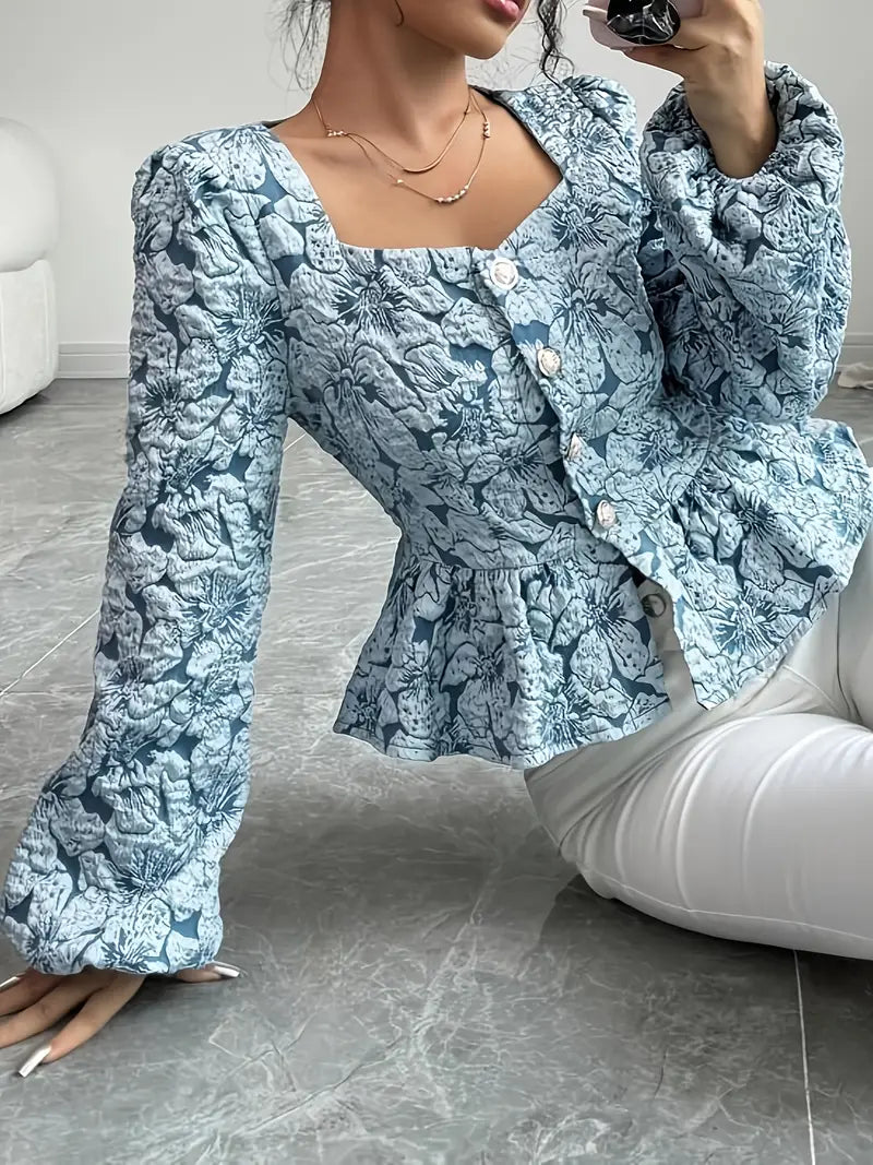 Vintage Damen Bluse mit Blumenmuster – Taillierter Schnitt & Puffärmel