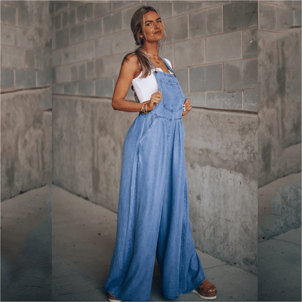 Salopette da donna in denim – vestibilità ampia della gamba con vibrazione retrò