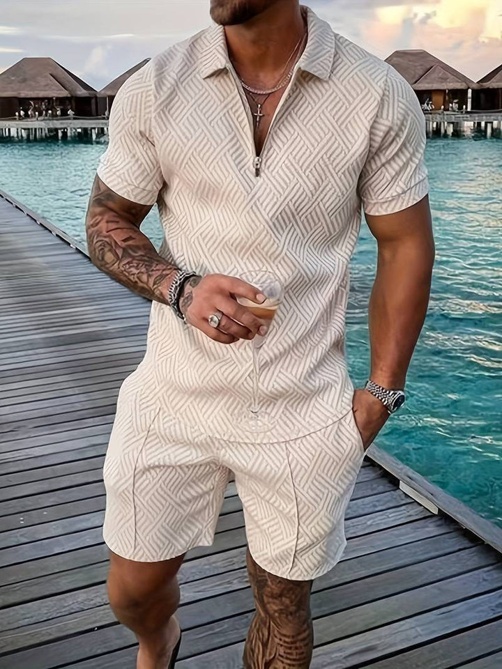 Herren Sommer Set mit Reißverschluss-Poloshirt & Shorts – Zweiteiliges Outfit mit Muster für Urlaub, Freizeit & Strand