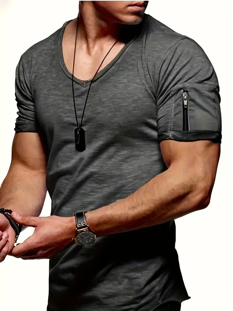 T-shirt homme avec col en V et détail fermeture éclair – T-shirt slim fit à manches courtes pour fitness, loisirs et streetwear