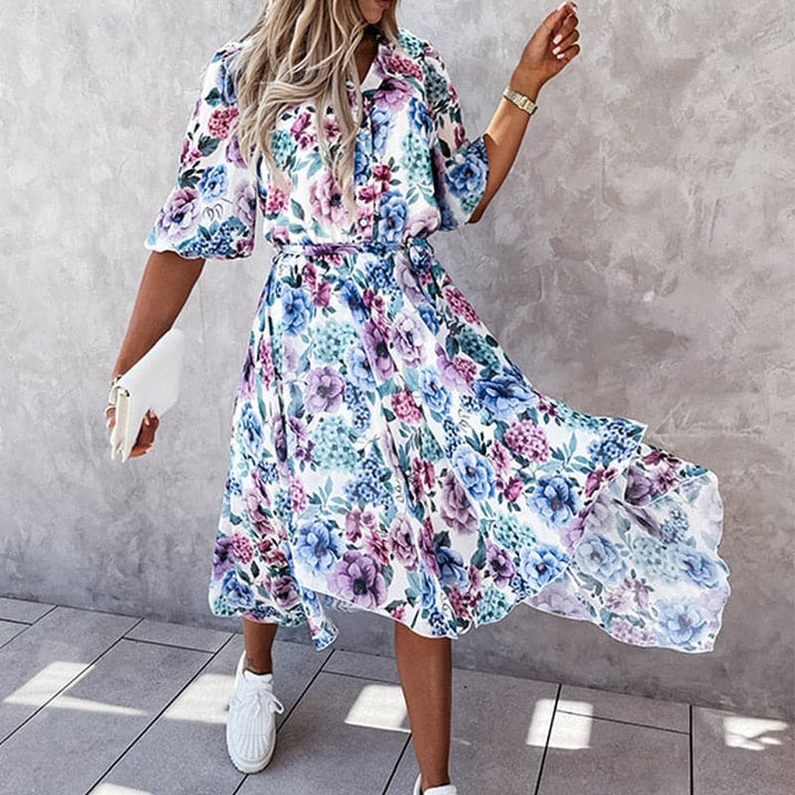 Robe Florale Blossom Breeze – Décolleté en V, Taille Élastique, Manches Flottantes