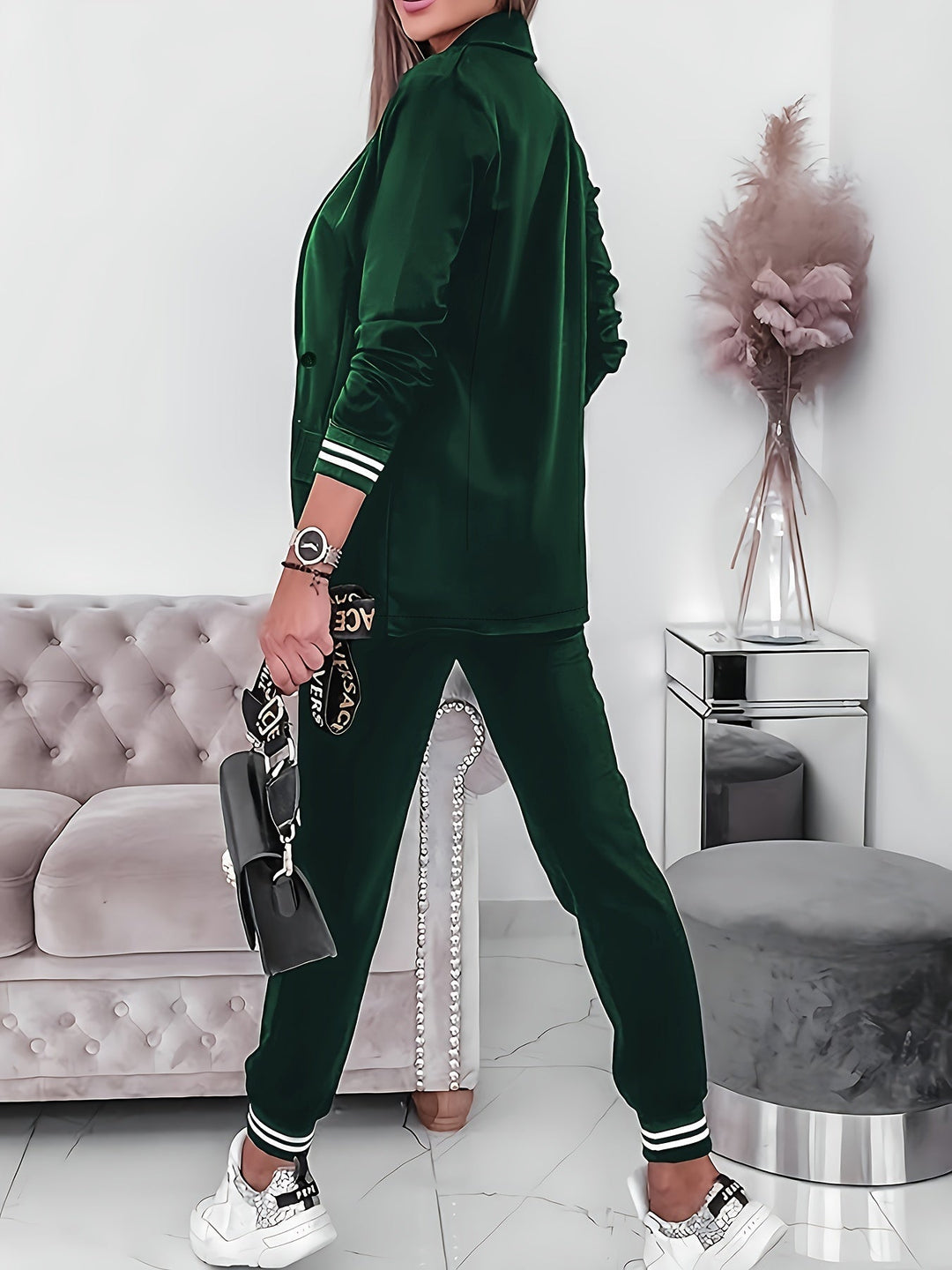 Casual Langarm Blazer Mit Klapptaschen & Hosen Outfit Set Für Damen | Perfekt für Freizeittage