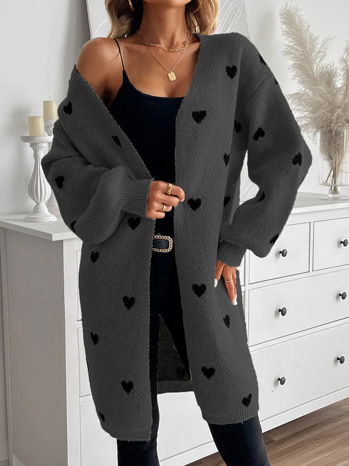 Cardigan in lana elegante con motivo a cuore e lunghezza lunga per donna | Ideale per l'inverno