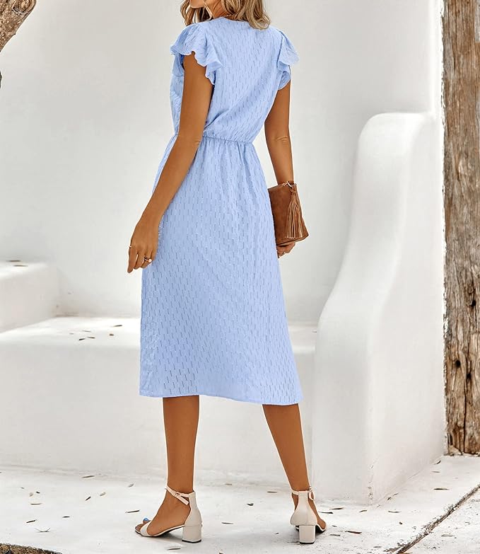 Leichtes Sommerkleid Damen mit Volantärmeln – Luftiges Midikleid mit Knopfleiste & V-Ausschnitt für Urlaub & Alltag