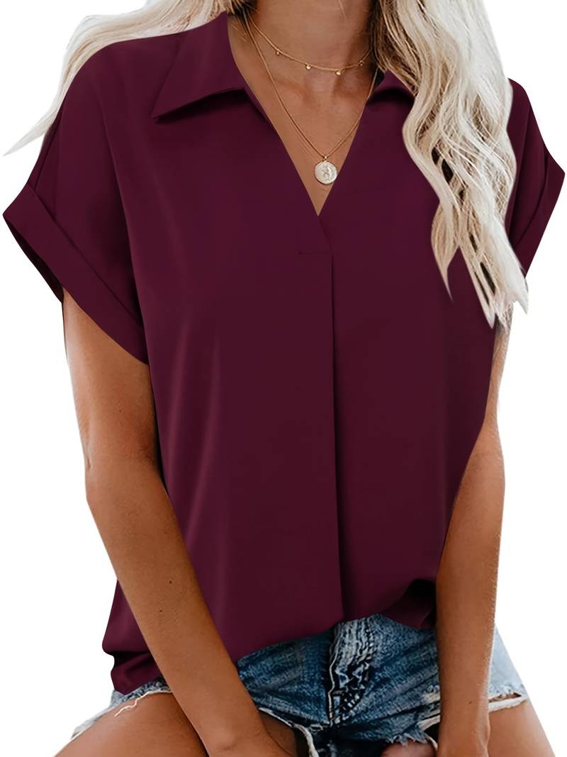 Camicia da donna taglio più ampio con scollo a V e colletto – Maglietta a maniche corte per ufficio e tempo libero