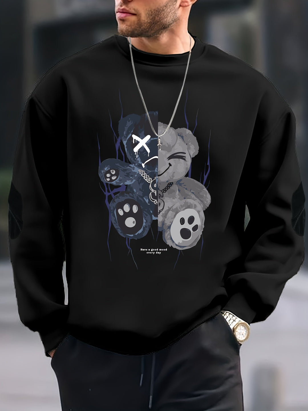 Oversize Sweatshirt mit Bärenmotiv – Streetwear Pullover für Herren mit Print “Have a Good Mood Every Day”