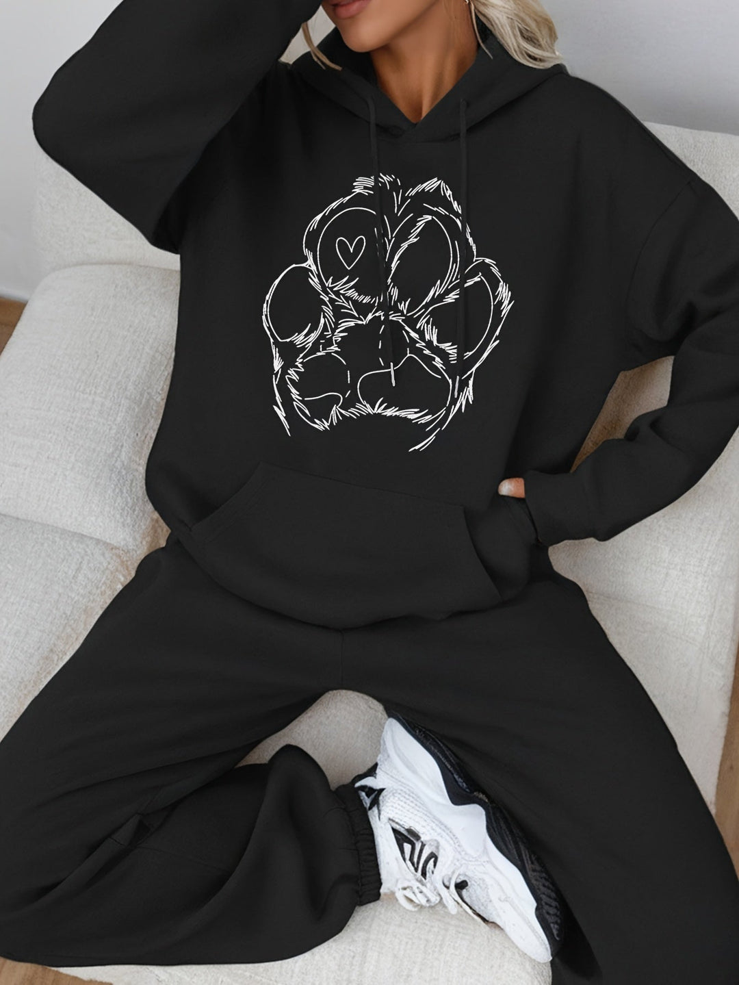 Sweat-shirt décontracté en coton avec motif pattes & pantalon de jogging pour femmes | Idéal pour automne/hiver