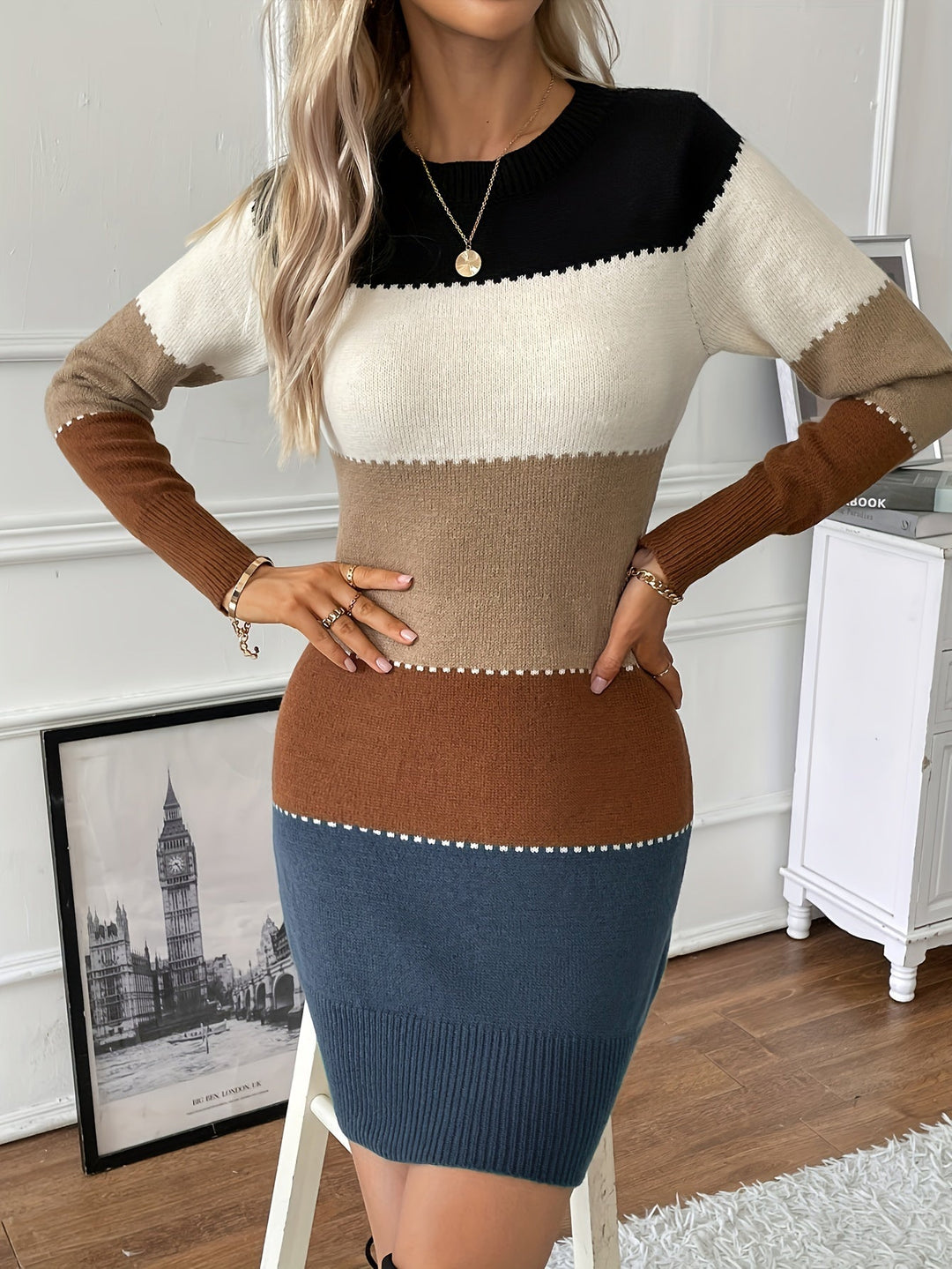 Robe formelle élégante en coton à manches longues avec bloc de couleur et col rond pour femmes | Idéal pour les occasions formelles