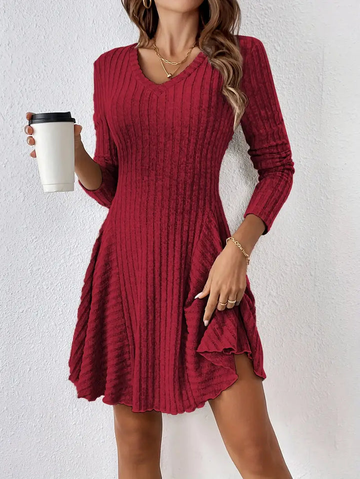 Vestito a maglia a coste con scollo a V – Minivestito a maniche lunghe per autunno, inverno e look casual confortevoli