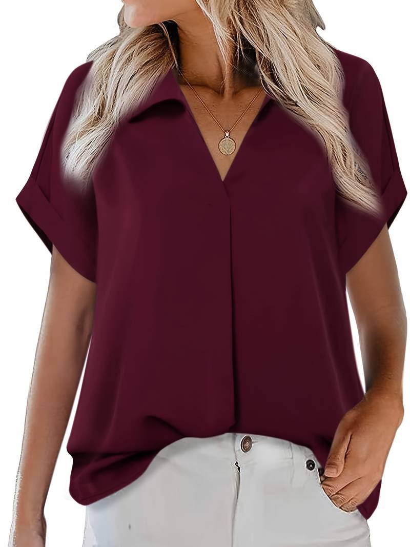 Camicia da donna taglio più ampio con scollo a V e colletto – Maglietta a maniche corte per ufficio e tempo libero