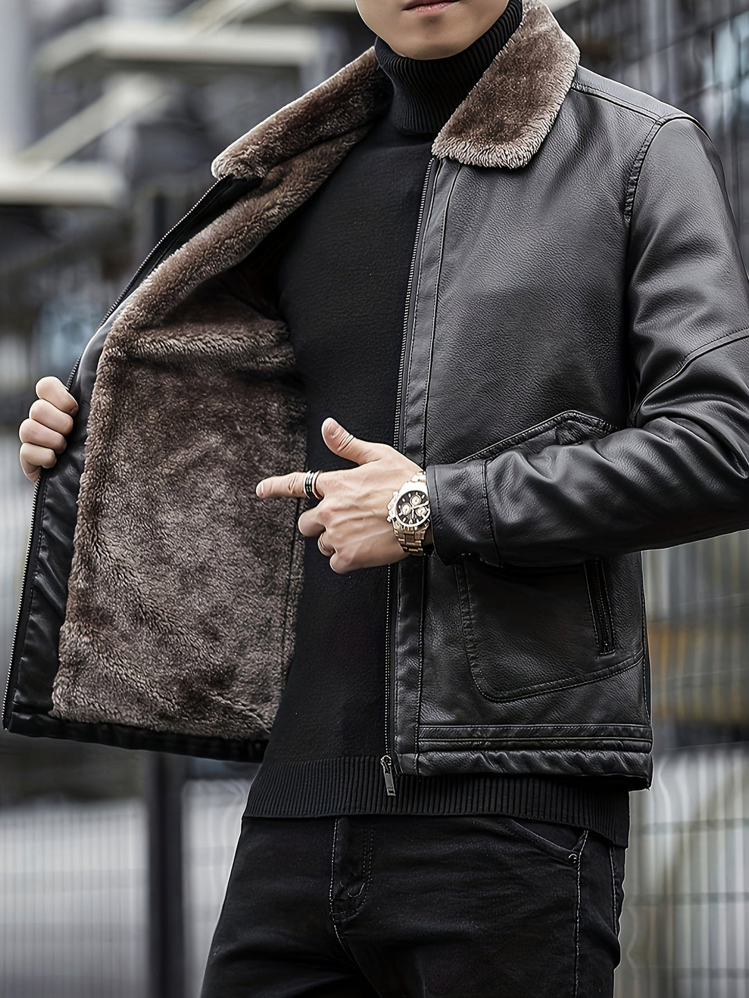 Casual Fleece Gefütterte PU Lederjacke Mit Schicker Reißverschlusstasche Für Herren | Perfekt für Casual Tage