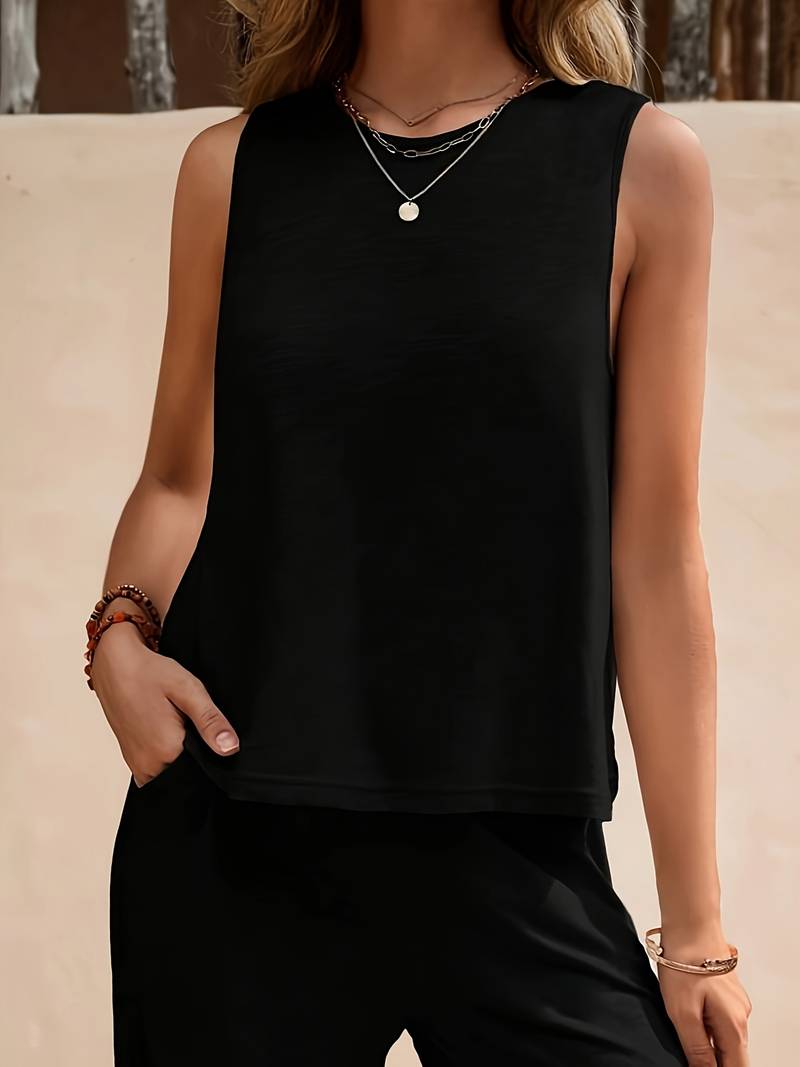 Completo due pezzi da donna – Top senza maniche con pantaloni larghi in tessuto – Outfit estivo casual ed elegante per tutti i giorni e vacanze