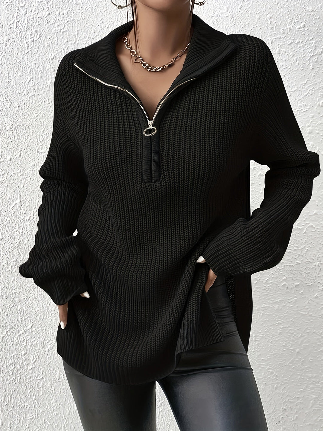 Pull en maille noir pour femme avec fermeture éclair – Pull oversize avec col montant