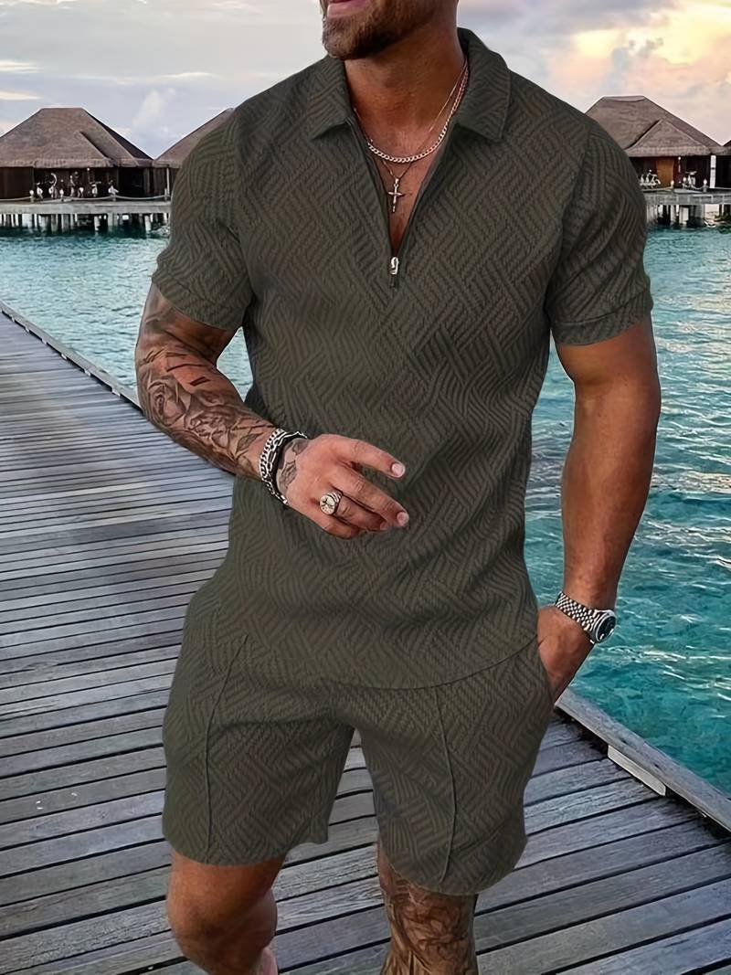 Herren Sommer Set mit Reißverschluss-Poloshirt & Shorts – Zweiteiliges Outfit mit Muster für Urlaub, Freizeit & Strand