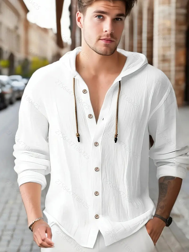 Chemise légère en lin pour homme avec capuche – chemise d'été avec patte de boutonnage et cordon de serrage pour la plage, les vacances et les loisirs