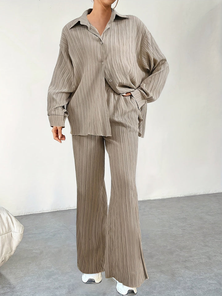 T-shirt à manches longues avec boutons & pantalons à taille élastique ensemble tenue pour femmes | Idéal pour automne/hiver