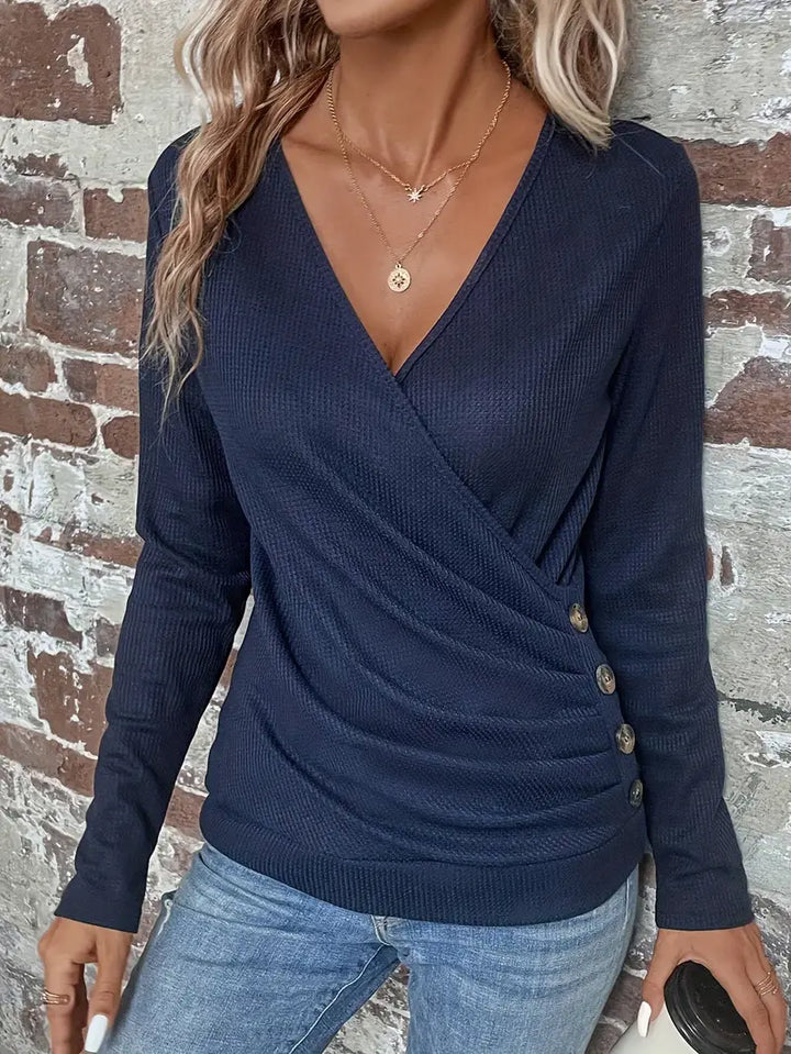 Damen Wickelpullover mit V-Ausschnitt & Knopfleiste – Figurbetonter Strickpullover mit langen Ärmeln für Alltag & Büro