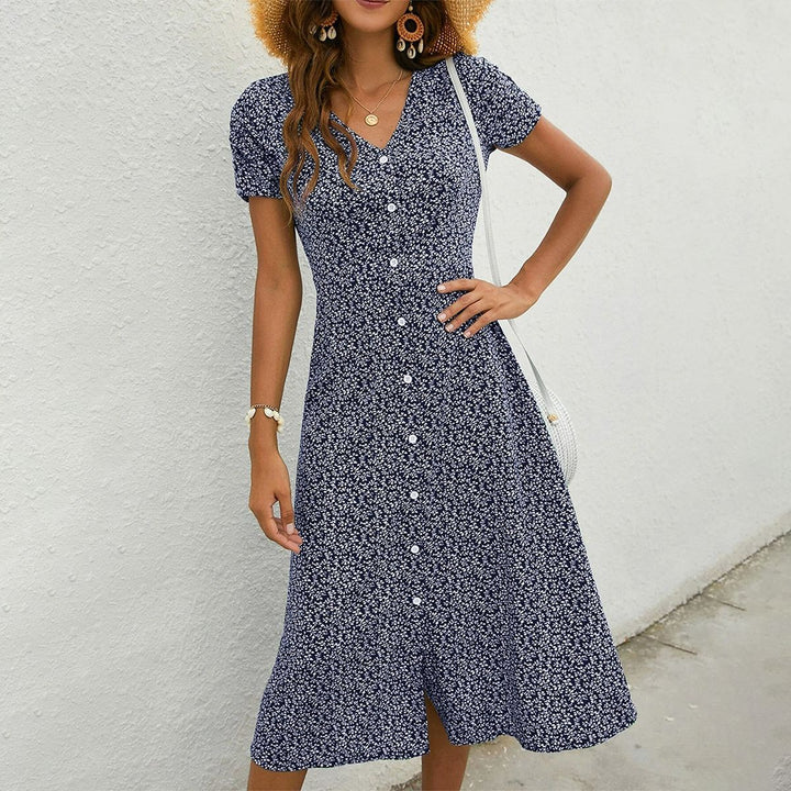 Vestito midi vintage con abbottonatura e motivo floreale – Vestito estivo a maniche corte per donna in stile retrò