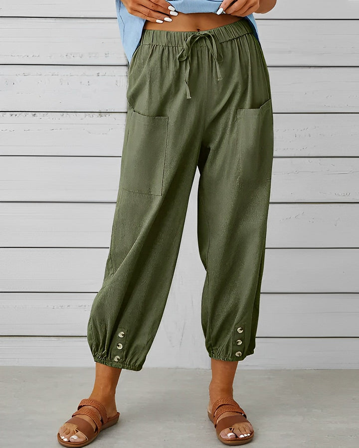 Pantalon d'été pour femmes avec ceinture élastique et détail bouton – Look décontracté court pour le quotidien et les vacances