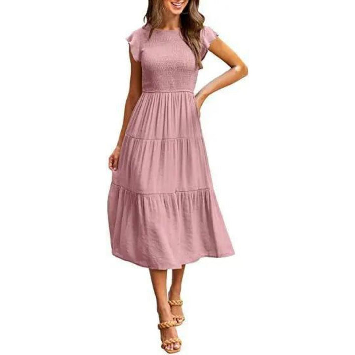Damen Sommerkleid mit Smok-Oberteil – Luftiges Midikleid mit kurzen Ärmeln & Stufenrock für Alltag & Urlaub