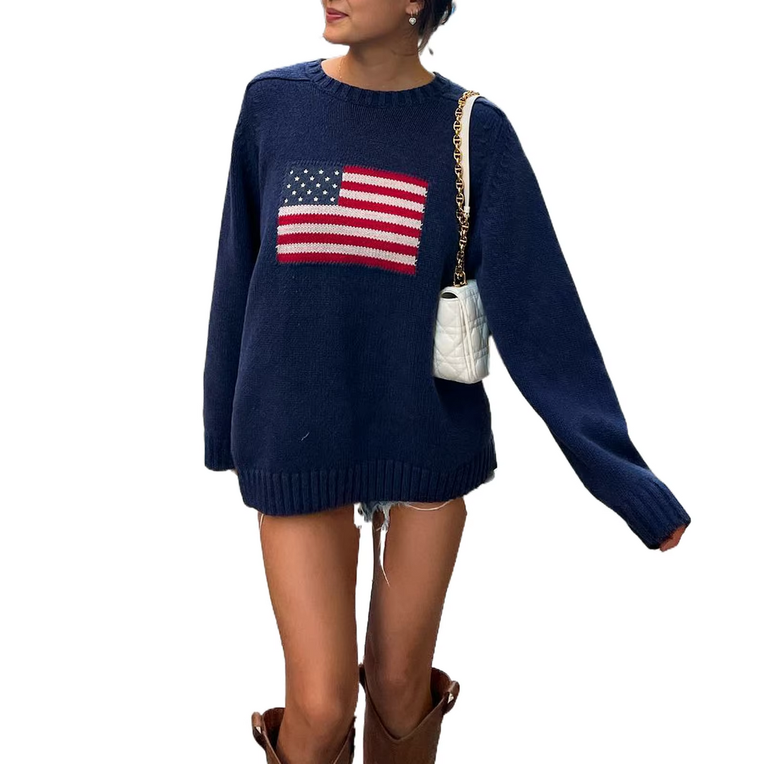 Maglione oversize da donna con motivo bandiera – maglione lavorato a maglia in stile retrò per autunno e streetstyle