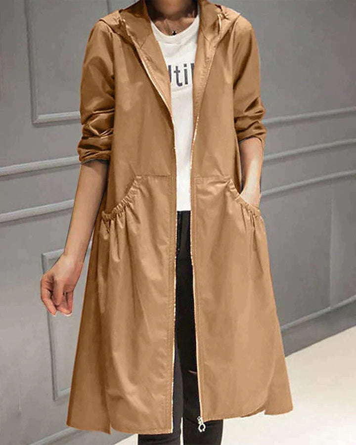 Giacca da donna di mezza stagione con cappuccio – Giacca lunga leggera con cerniera e tasche per primavera e autunno