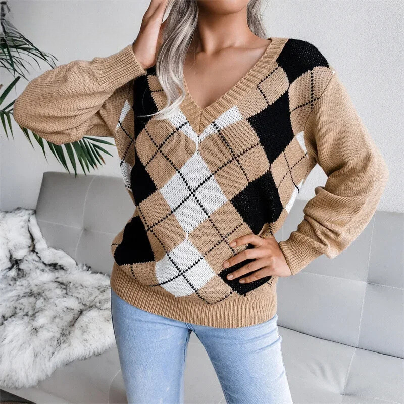 Natalia - pull d'hiver avec col en V et motif à carreaux